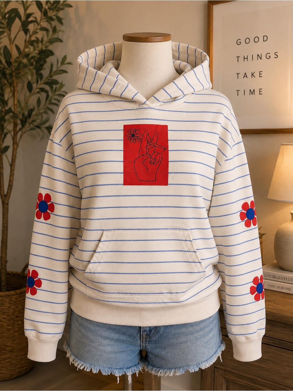 Urban Outfitters Cream Stripe Hoodie with Red & Blue Floral Accents
